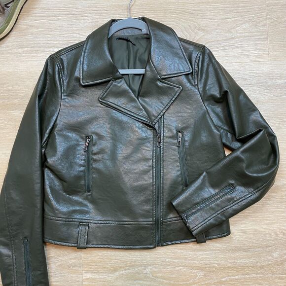 T Tahari Faux Leather Biker Moto Jacket Women's M Color Green - Picture 9 of 9